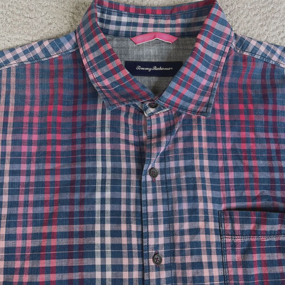 TOMMY BAHAMA Shirt Mens Extra Large Blue Red Plaid Cotton Long Sleeve Pocket